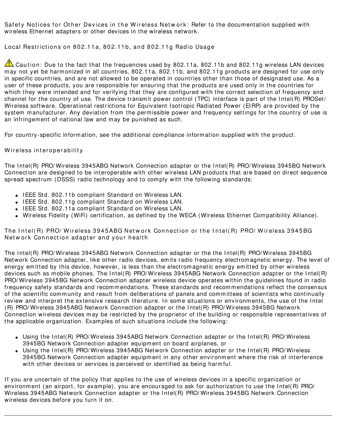 Intel 3945ABG specifications Wireless interoperability 