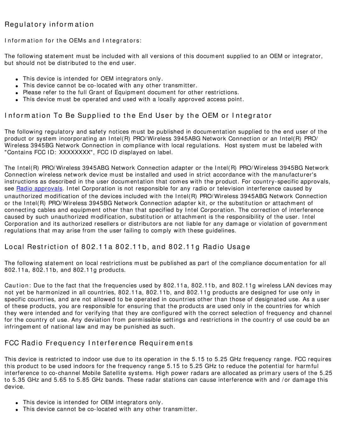 Intel 3945ABG specifications Regulatory information, Information for the OEMs and Integrators 