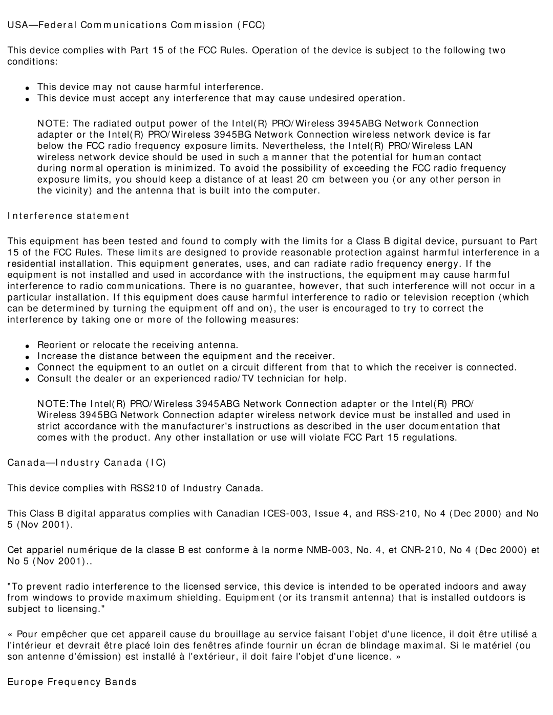 Intel 3945ABG specifications USA-Federal Communications Commission FCC, Interference statement, Canada-Industry Canada IC 