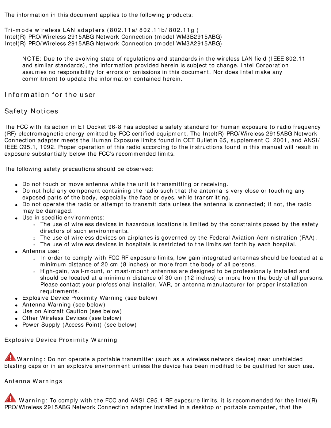 Intel 3945ABG Tri-mode wireless LAN adapters 802.11a/802.11b/802.11g, Explosive Device Proximity Warning Antenna Warnings 