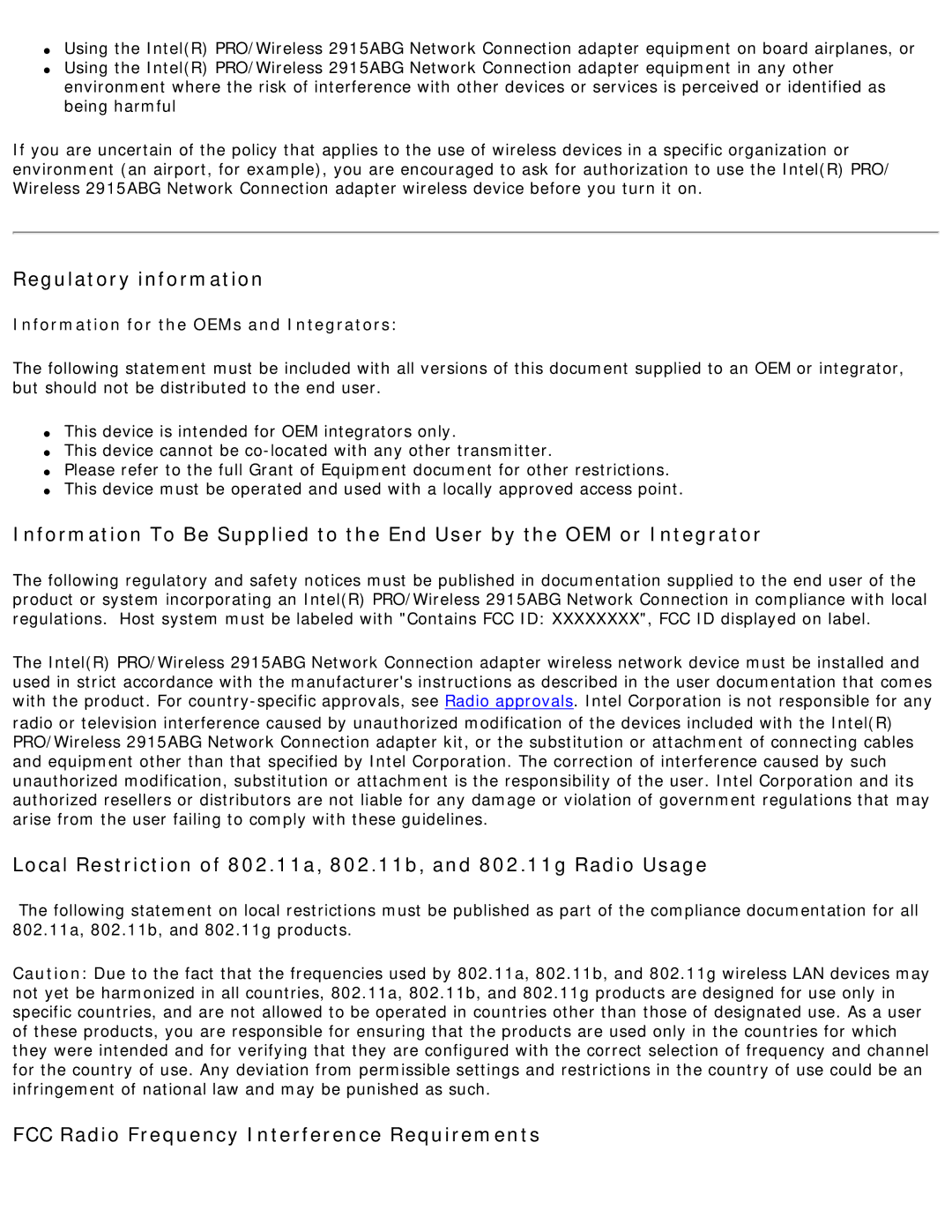 Intel 3945ABG specifications Regulatory information 