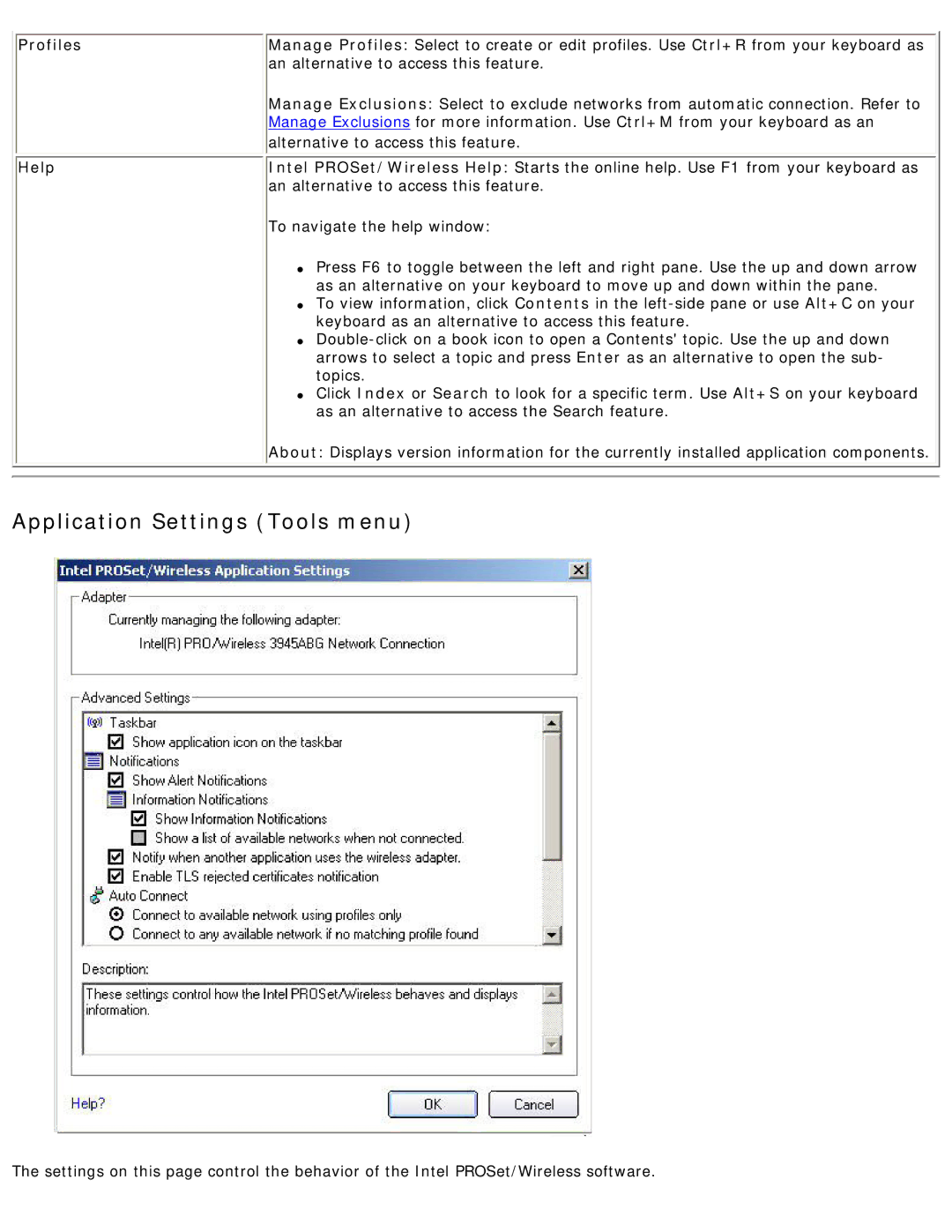 Intel 3945ABG specifications Profiles, Help 