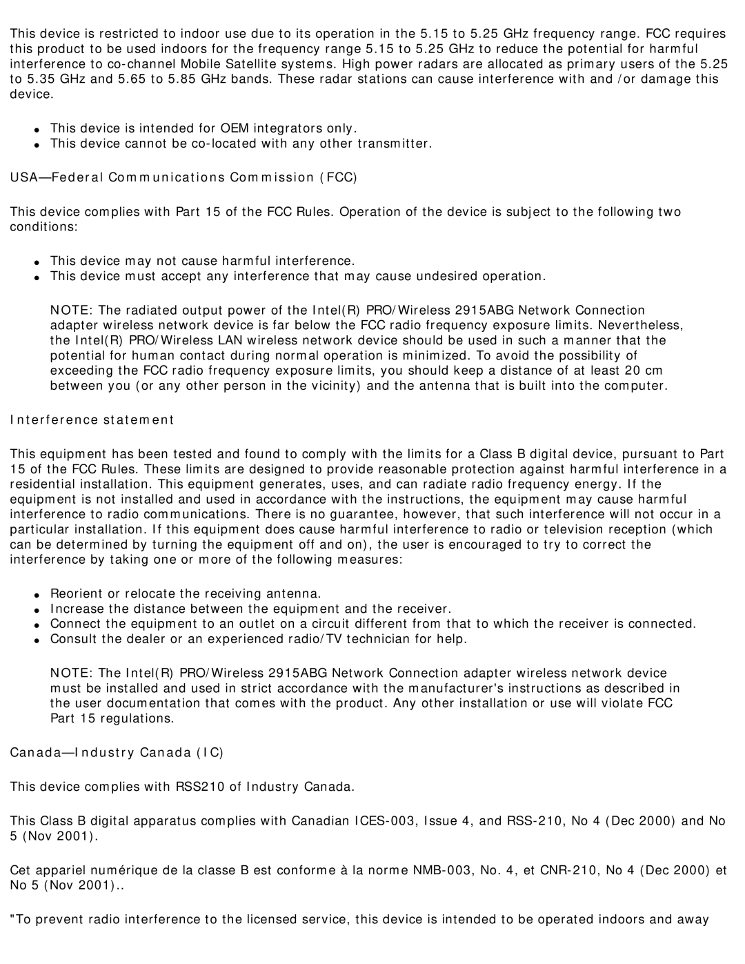 Intel 3945ABG specifications USA-Federal Communications Commission FCC 