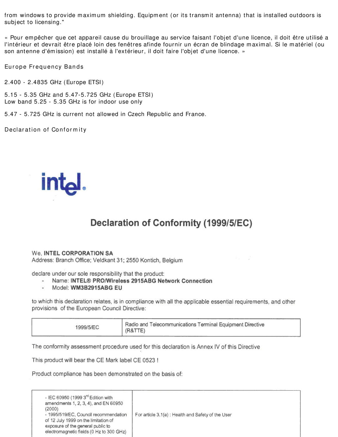 Intel 3945ABG specifications Europe Frequency Bands 