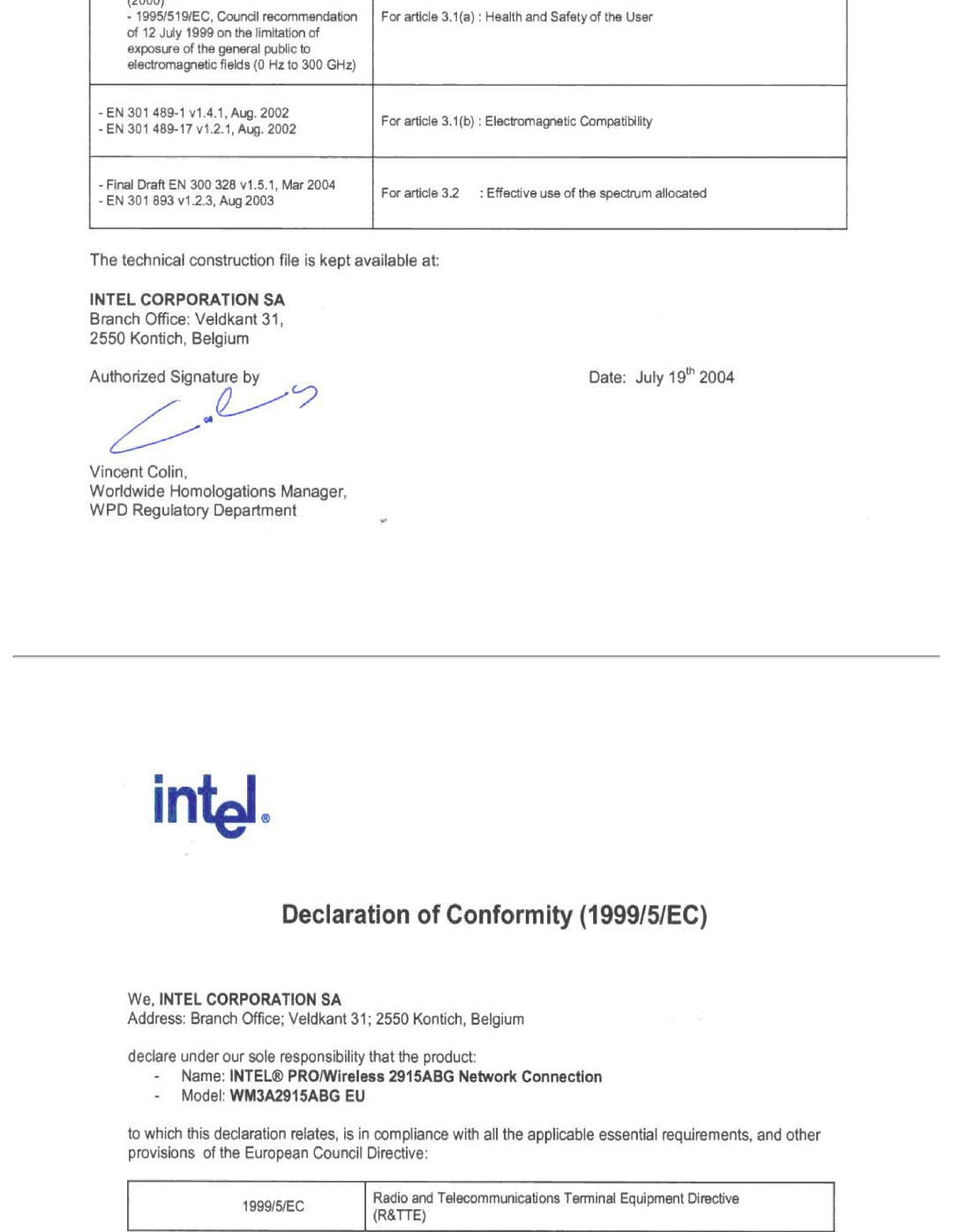 Intel 3945ABG specifications 