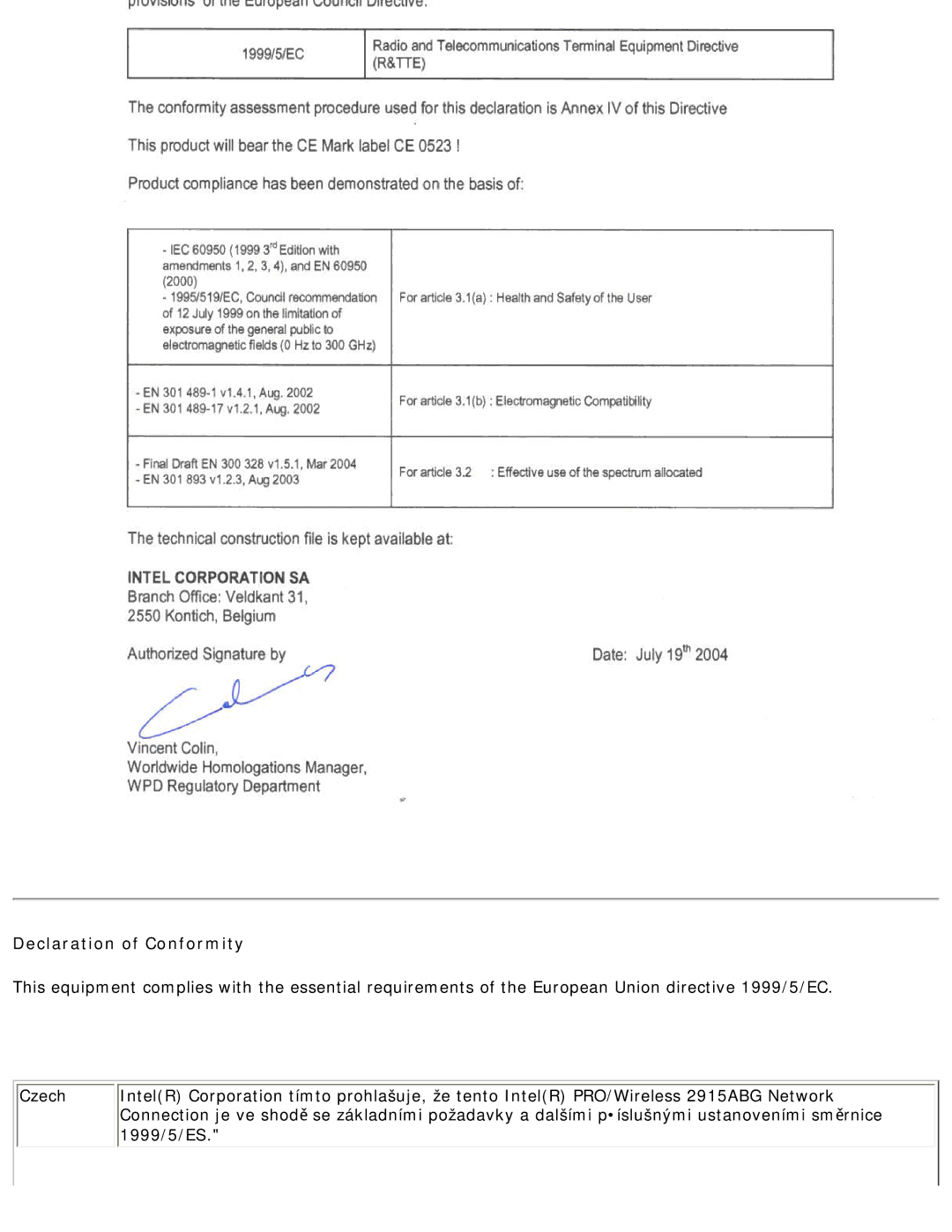 Intel 3945ABG specifications 1999/5/ES 