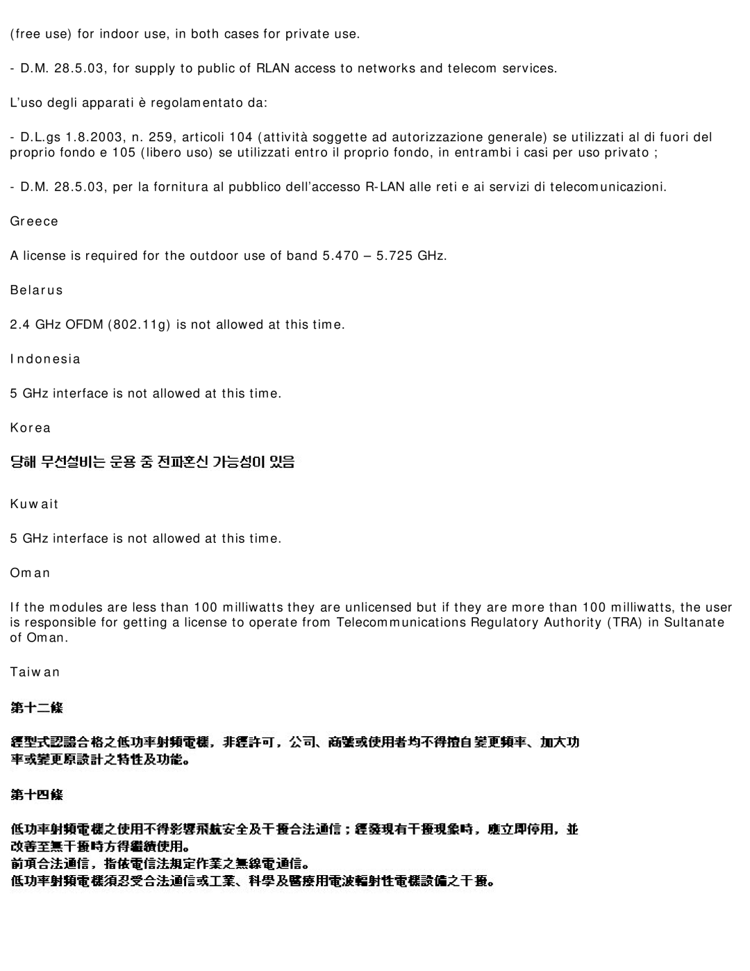 Intel 3945ABG specifications Korea Kuwait, Taiwan 