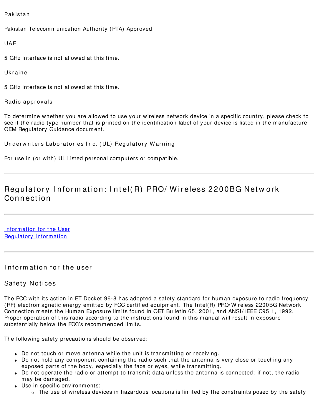 Intel 3945ABG specifications Information for the User Regulatory Information 