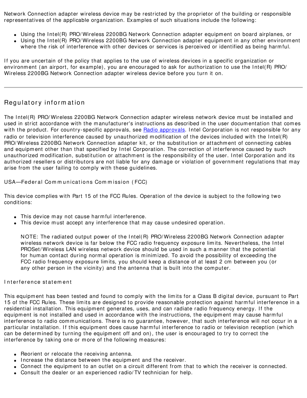 Intel 3945ABG specifications Regulatory information 