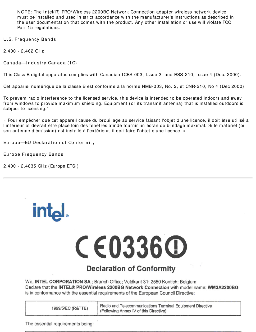 Intel 3945ABG specifications Europe-EU Declaration of Conformity Europe Frequency Bands 