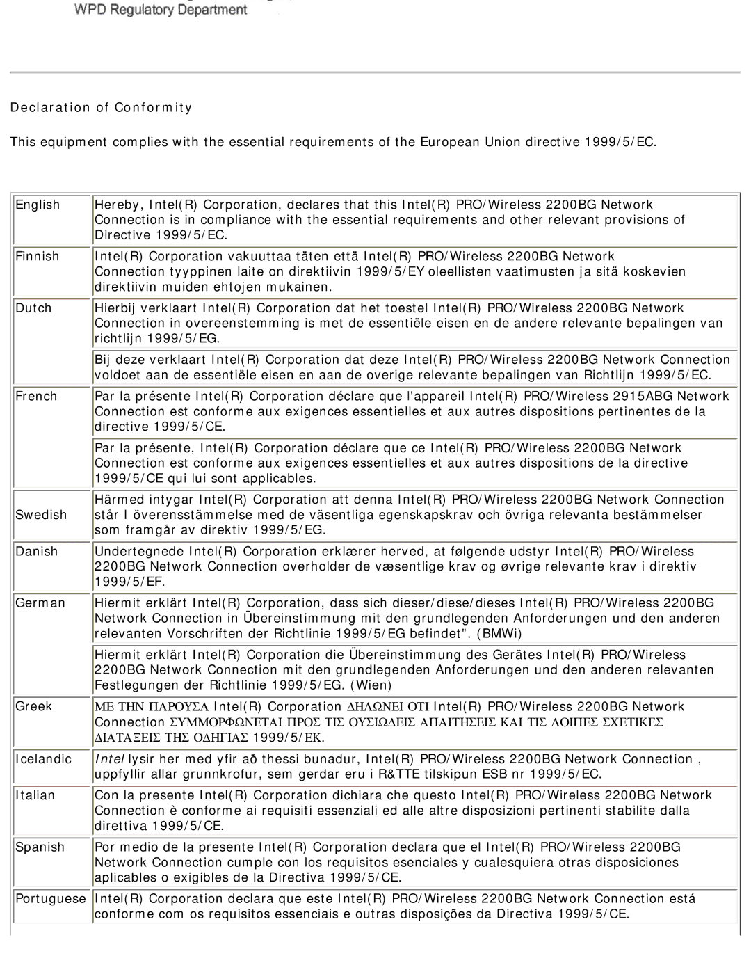 Intel 3945ABG specifications Declaration of Conformity 