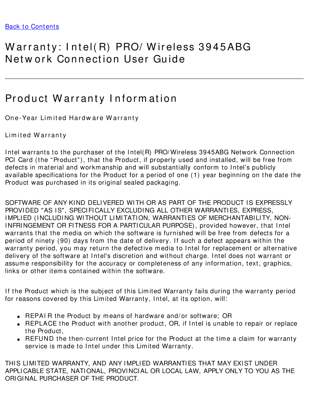 Intel 3945ABG specifications One-Year Limited Hardware Warranty Limited Warranty 