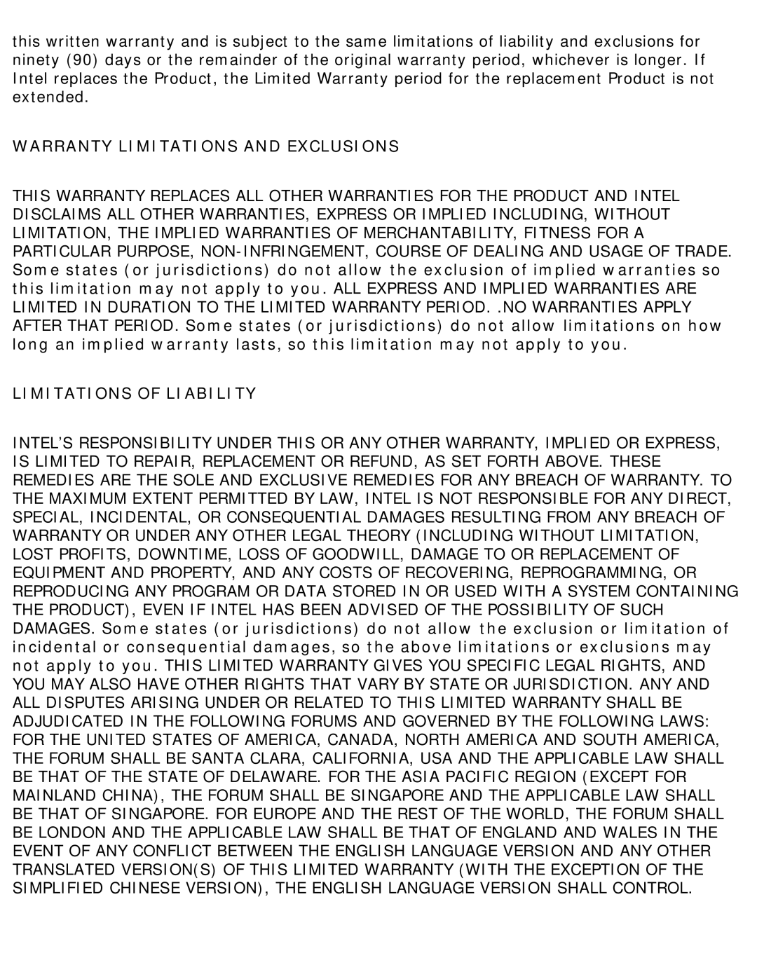 Intel 3945ABG specifications Warranty Limitations and Exclusions 