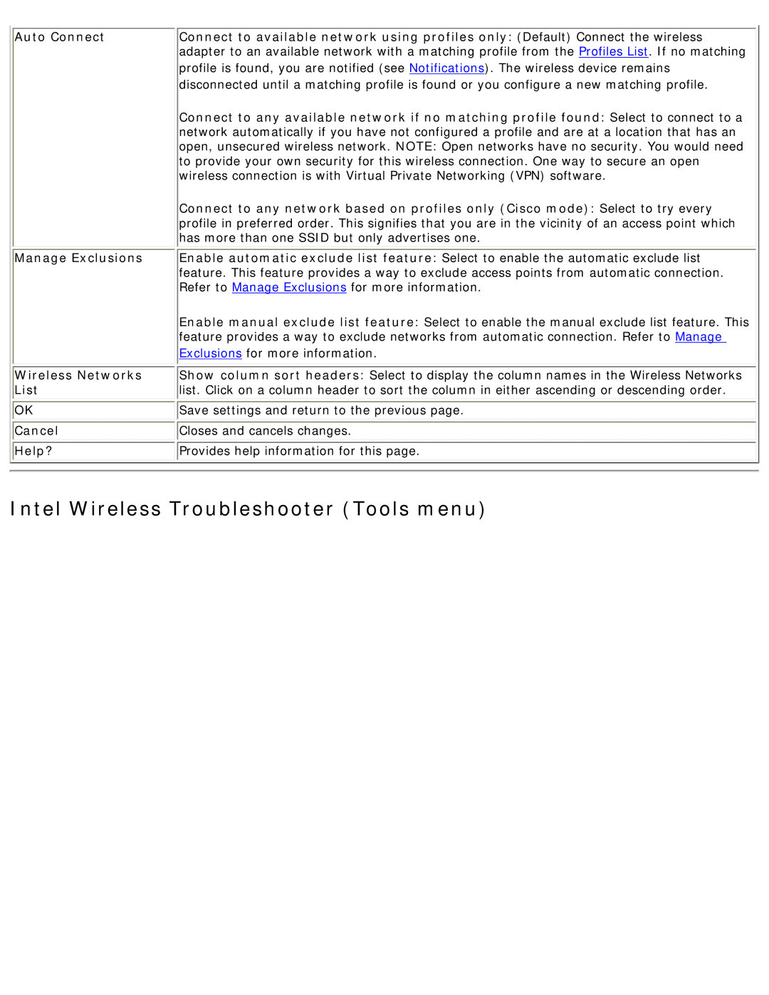 Intel 3945ABG specifications Intel Wireless Troubleshooter Tools menu, Wireless Networks, List, Cancel 
