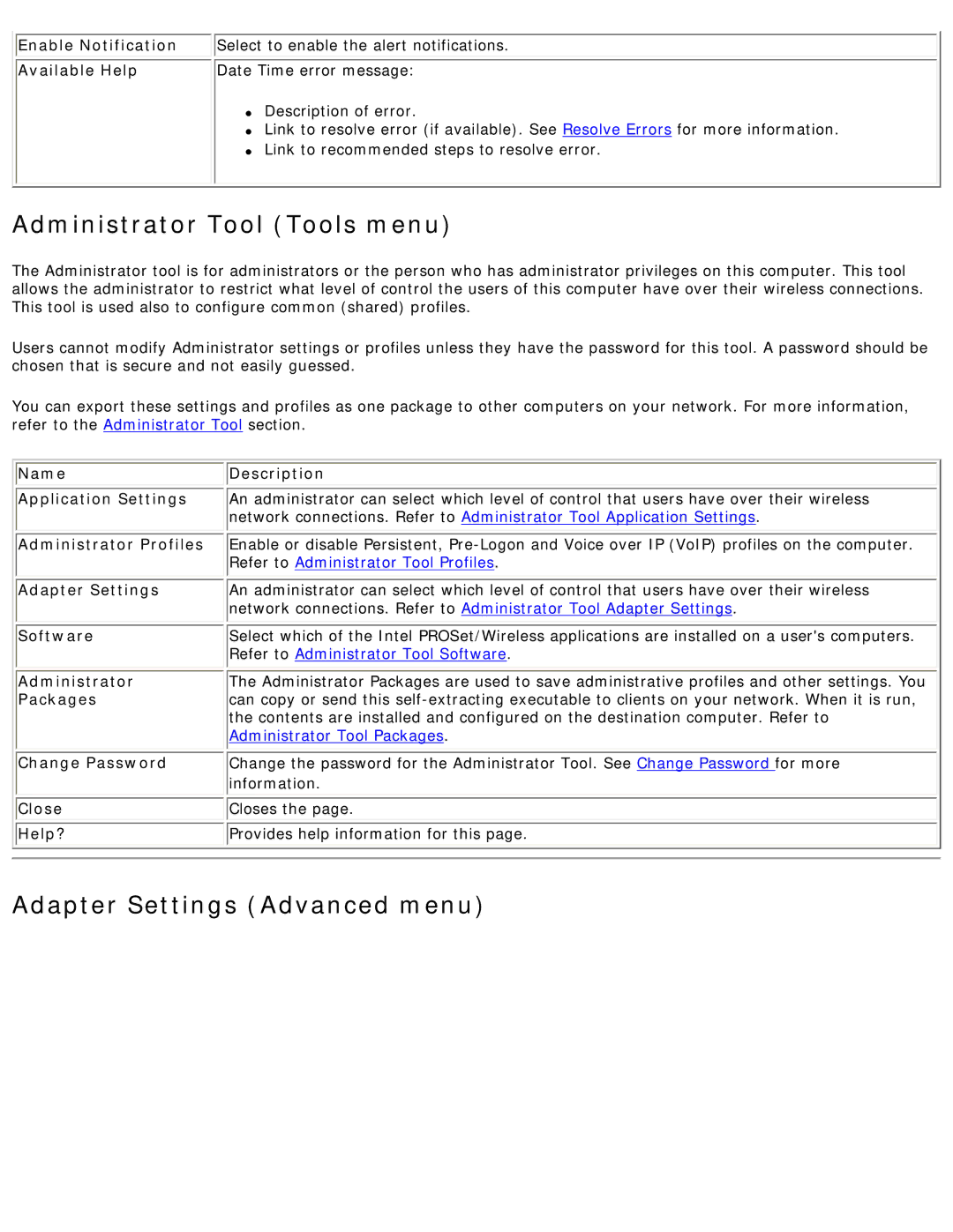 Intel 3945ABG specifications Administrator Tool Tools menu, Adapter Settings Advanced menu 