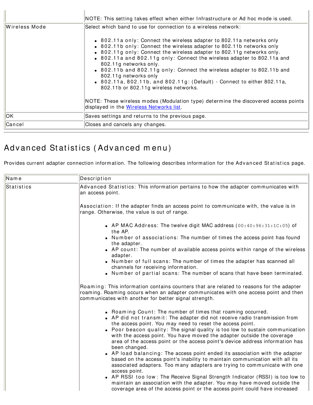 Intel 3945ABG Advanced Statistics Advanced menu, Cancel Closes and cancels any changes, Name Description Statistics 