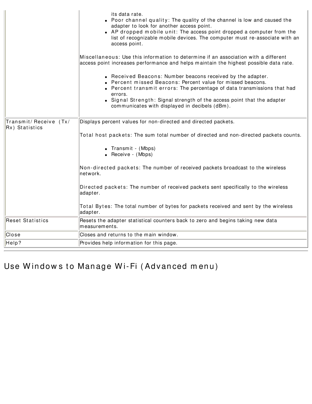 Intel 3945ABG Use Windows to Manage Wi-Fi Advanced menu, Transmit/Receive Tx, Rx Statistics, Reset Statistics 