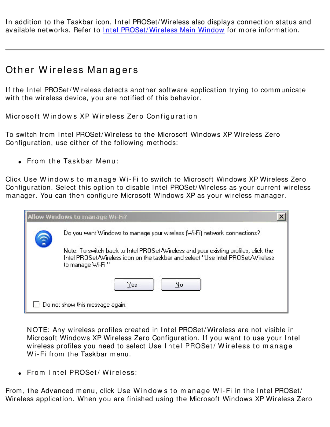 Intel 3945ABG specifications Other Wireless Managers, Microsoft Windows XP Wireless Zero Configuration 