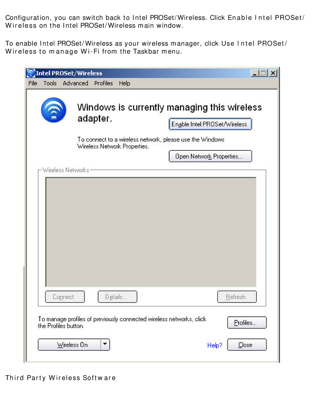 Intel 3945ABG specifications Third Party Wireless Software 