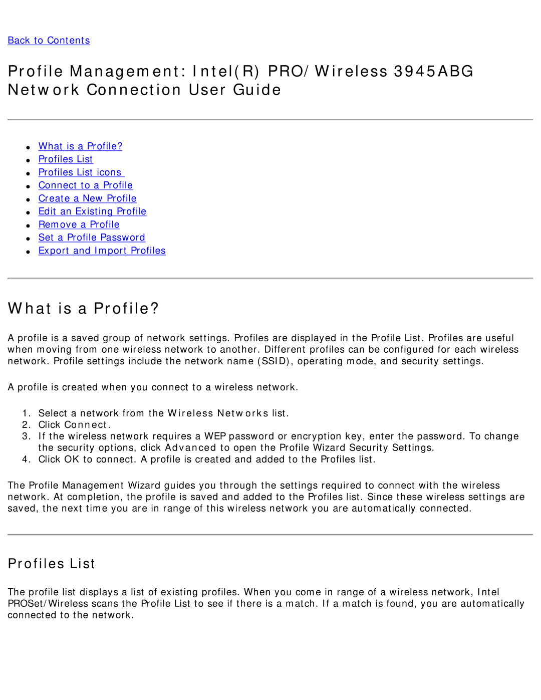 Intel 3945ABG specifications What is a Profile?, Profiles List 