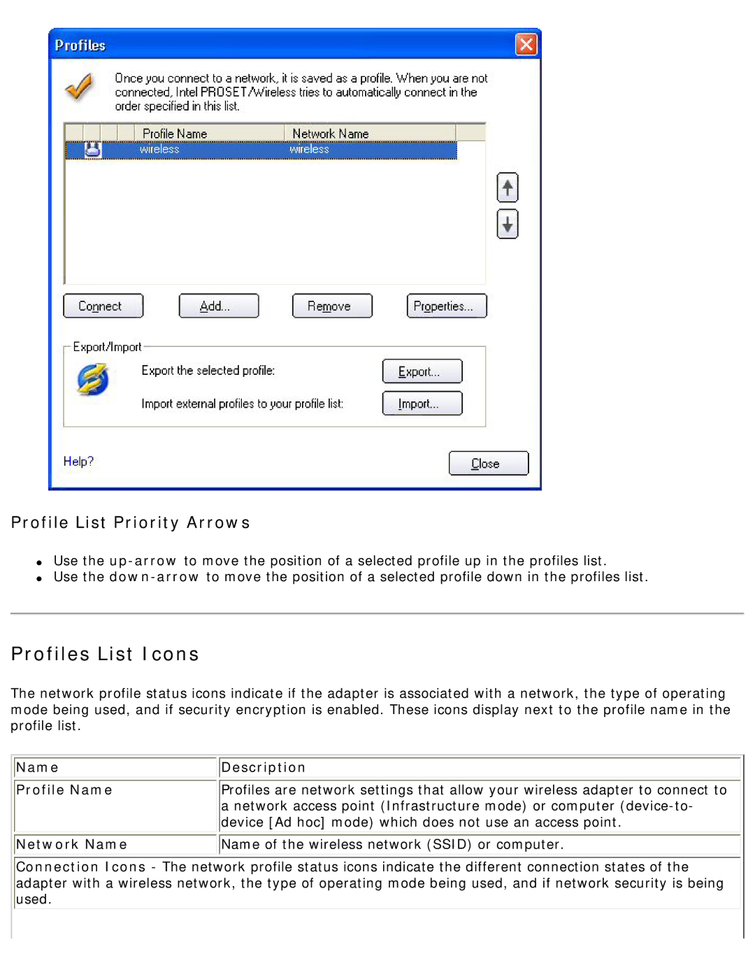 Intel 3945ABG specifications Profile List Priority Arrows, Name Profile Name Network Name 