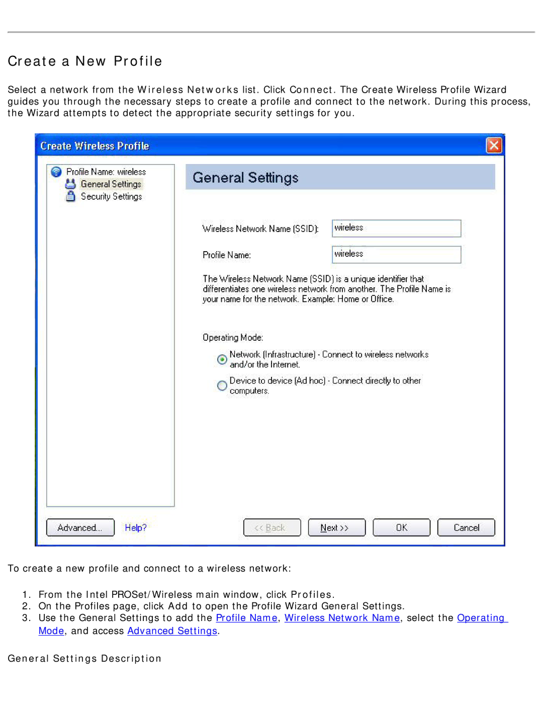 Intel 3945ABG specifications Create a New Profile, General Settings Description 