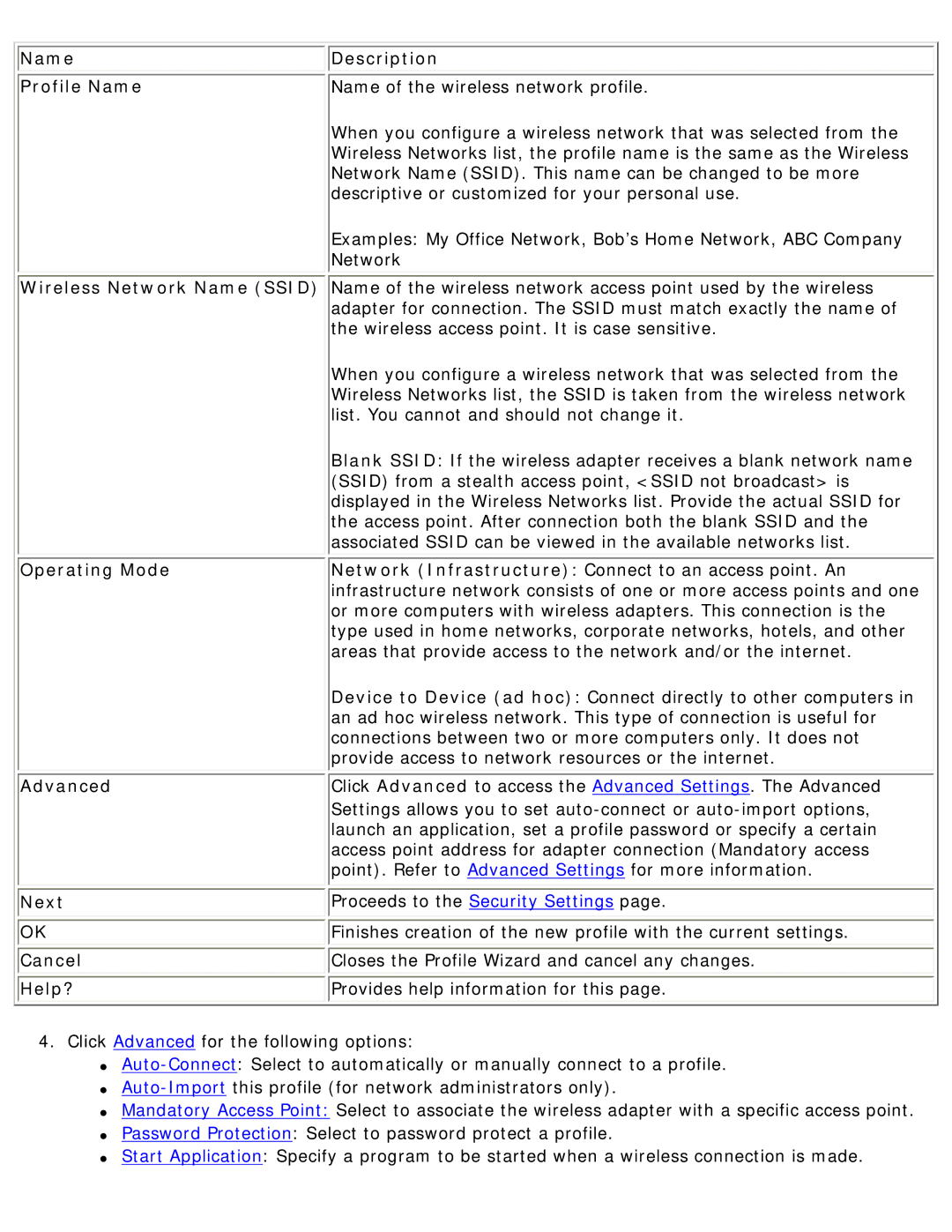 Intel 3945ABG specifications Operating Mode, Advanced, Next, Cancel, Help? 