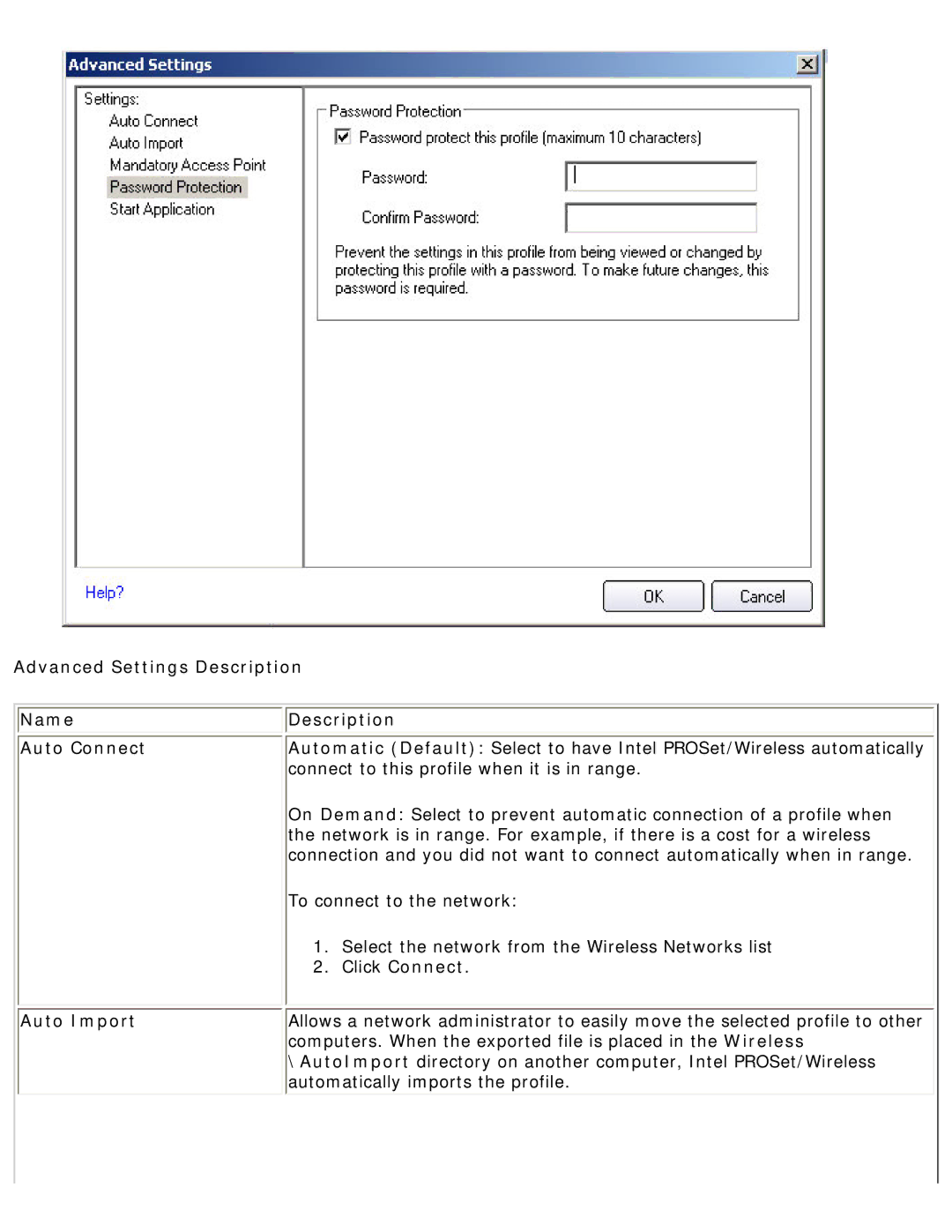 Intel 3945ABG specifications Advanced Settings Description Name Auto Connect, Auto Import 