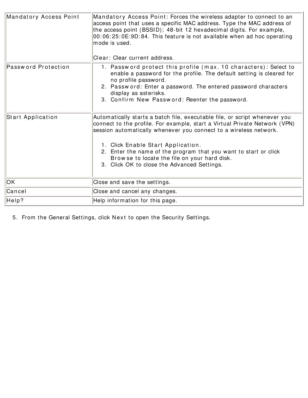 Intel 3945ABG specifications Mandatory Access Point, Confirm New Password Reenter the password, Start Application 