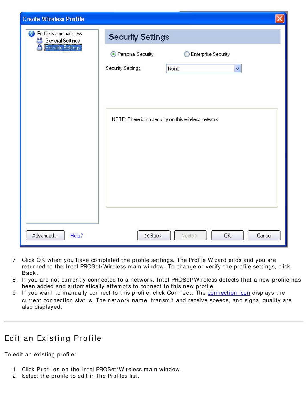 Intel 3945ABG specifications Edit an Existing Profile 