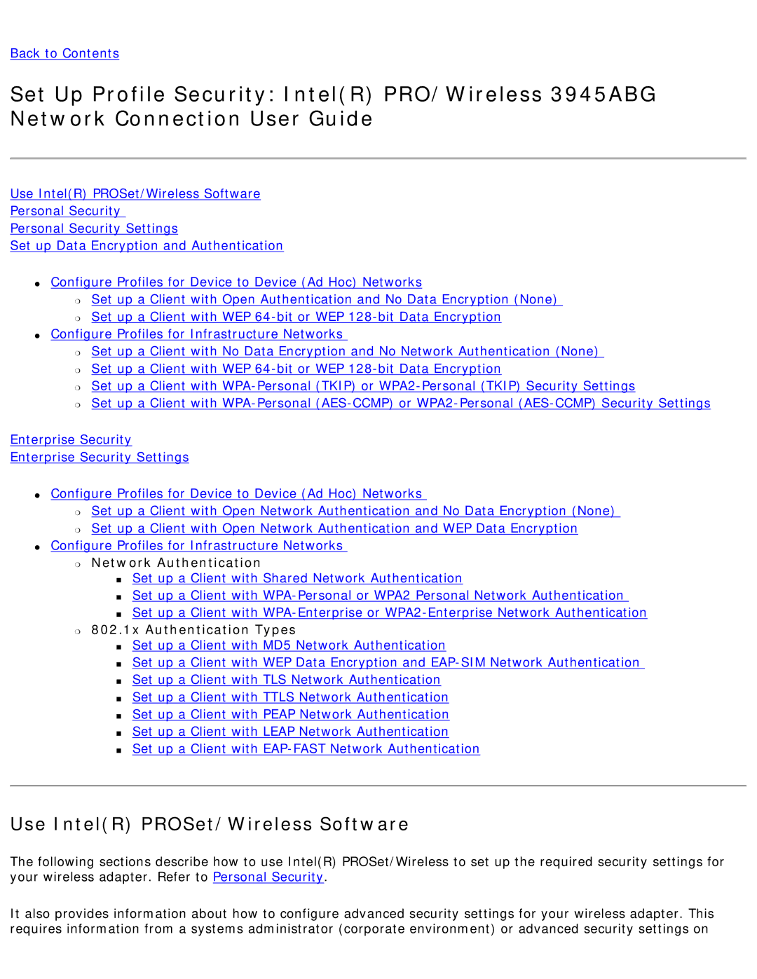 Intel 3945ABG specifications Network Authentication, 802.1x Authentication Types 