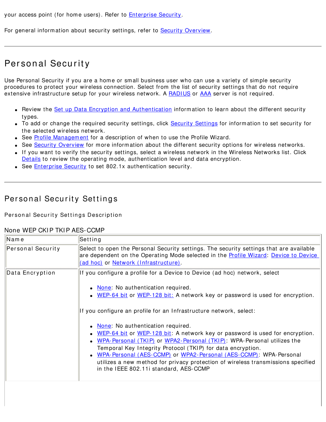 Intel 3945ABG specifications Personal Security Settings Description, Name Setting Personal Security, Data Encryption 