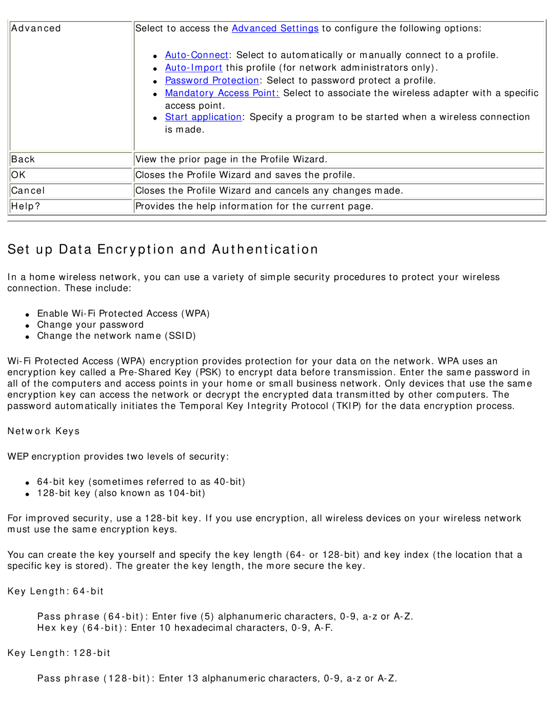 Intel 3945ABG specifications Back, Network Keys, Key Length 64-bit, Key Length 128-bit 