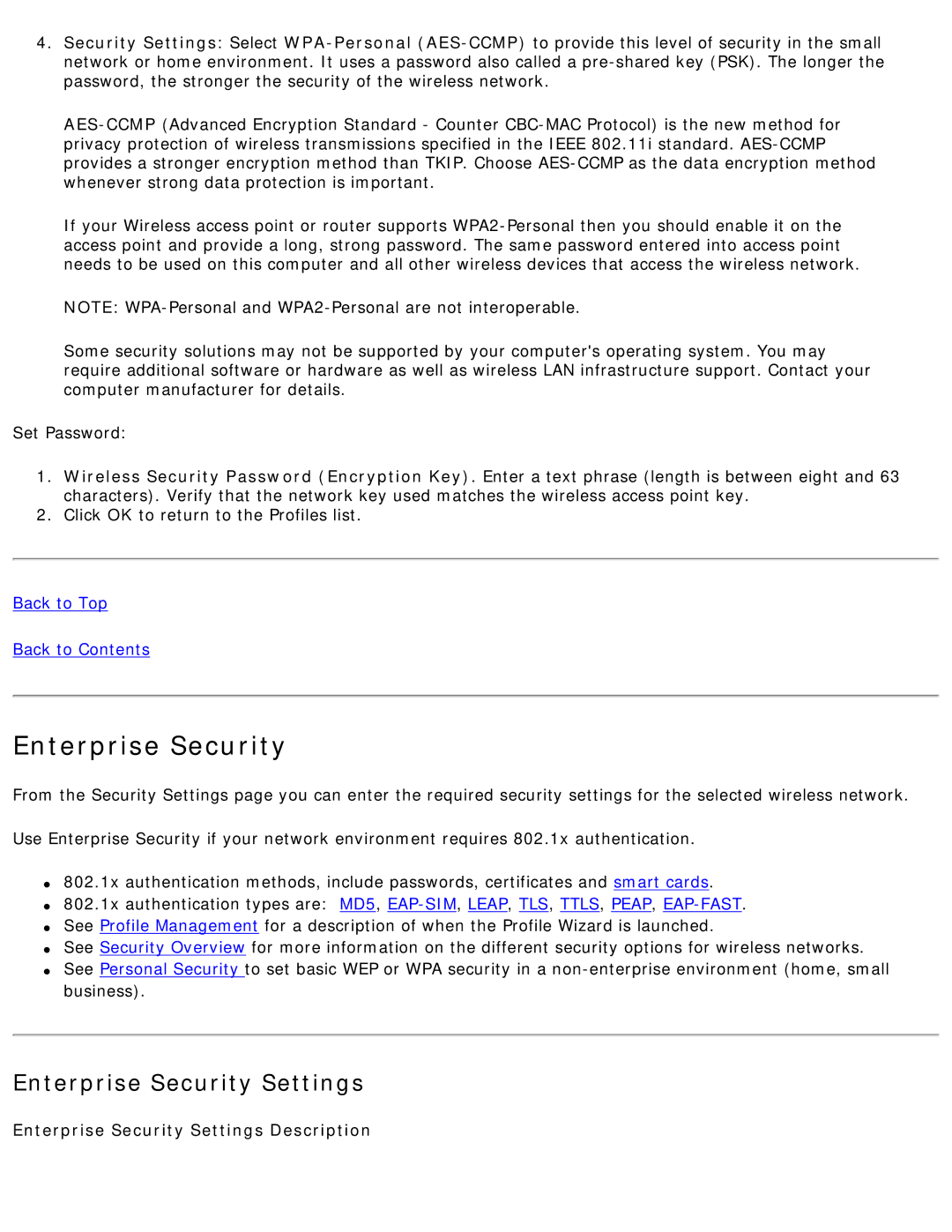 Intel 3945ABG specifications Enterprise Security Settings Description 