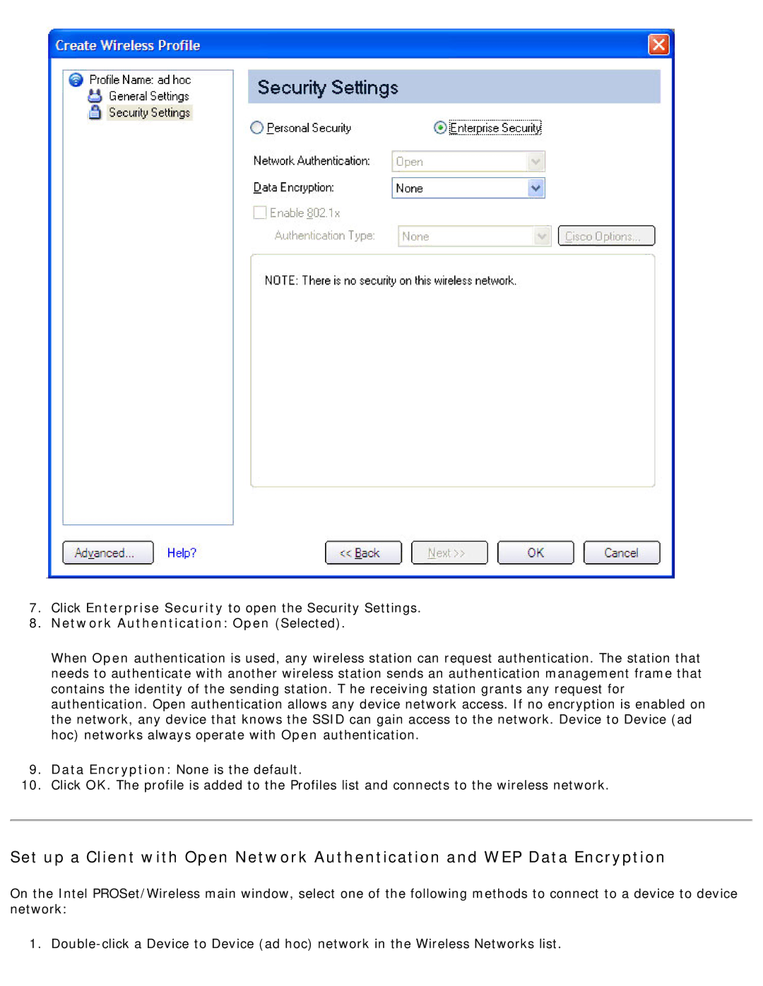 Intel 3945ABG specifications Network Authentication Open Selected 