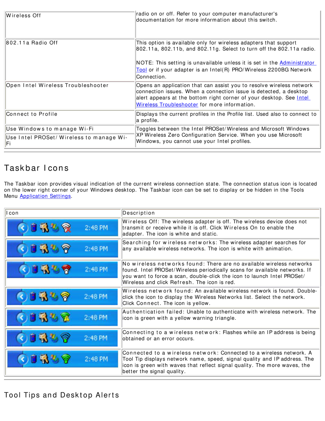 Intel 3945ABG specifications Taskbar Icons, Icon Description 