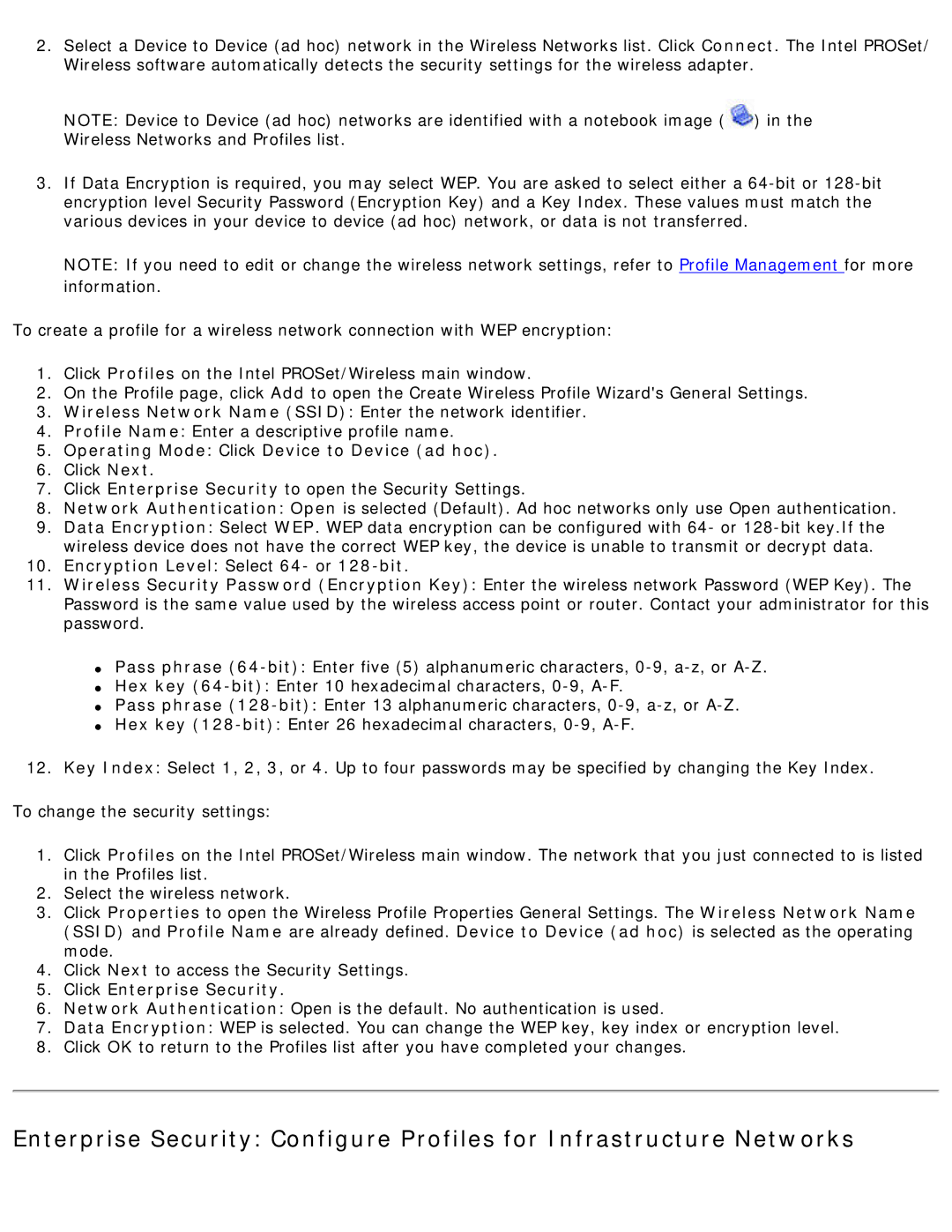 Intel 3945ABG specifications Encryption Level Select 64- or 128-bit, Click Enterprise Security 