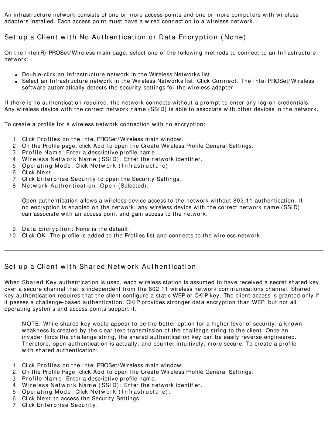 Intel 3945ABG specifications Set up a Client with Shared Network Authentication 