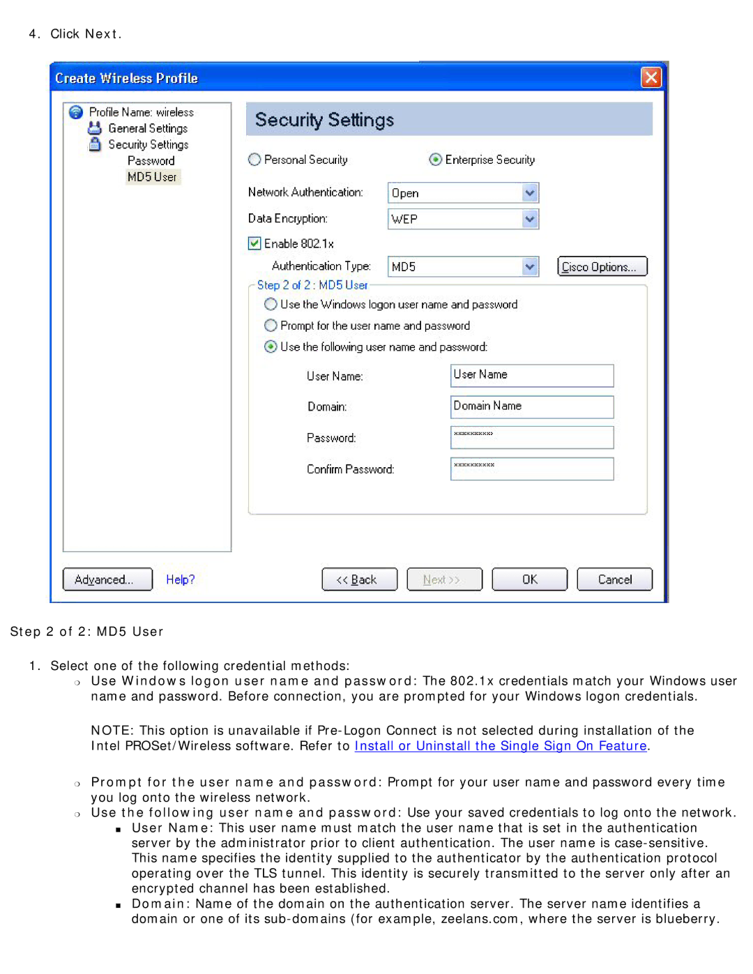 Intel 3945ABG specifications 2 MD5 User, Select one of the following credential methods 