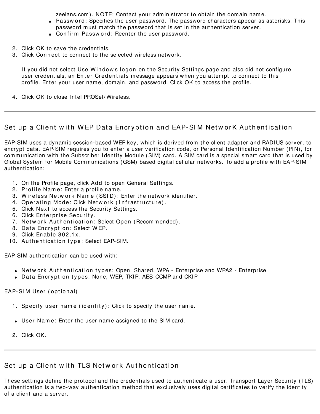 Intel 3945ABG specifications Set up a Client with TLS Network Authentication, EAP-SIM User optional 