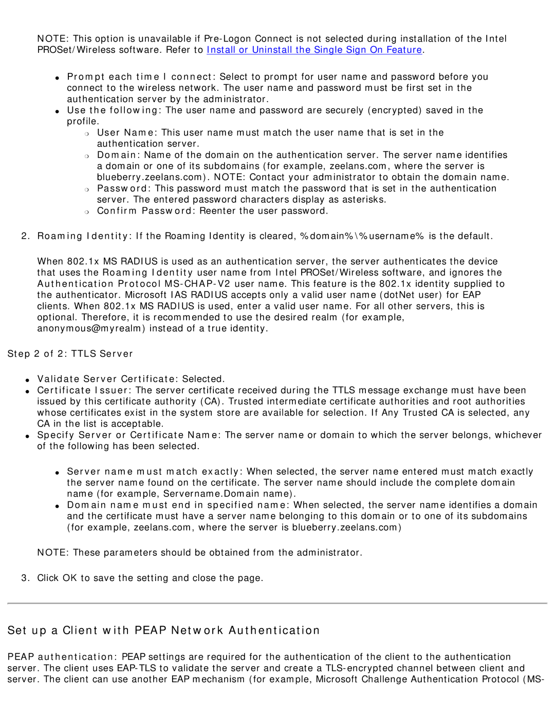 Intel 3945ABG Set up a Client with Peap Network Authentication, Ttls Server Validate Server Certificate Selected 