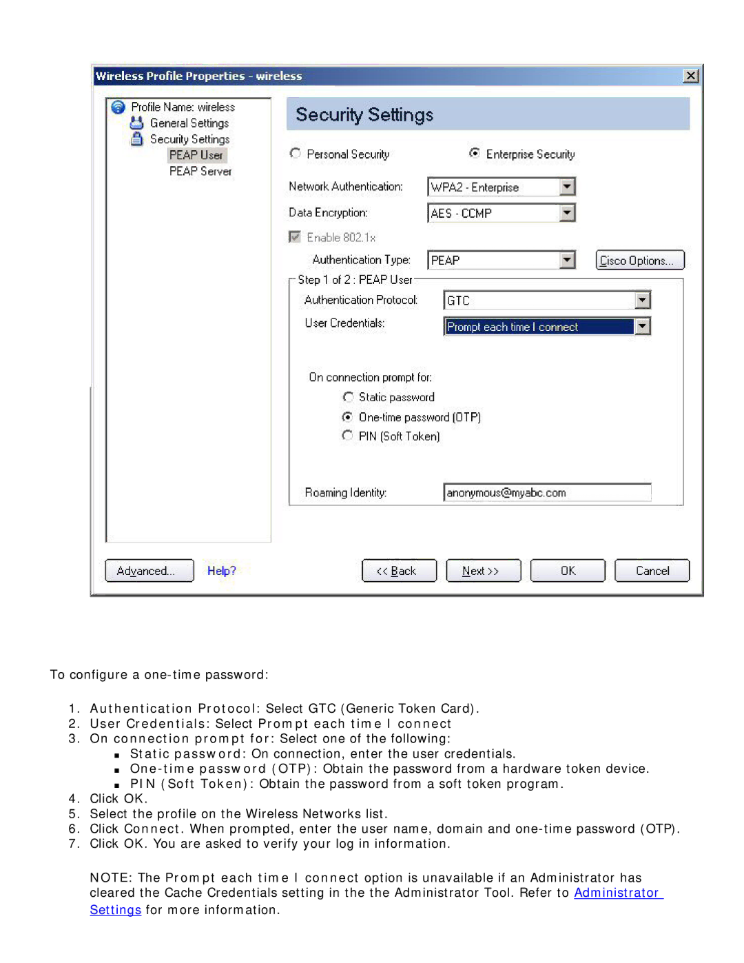 Intel 3945ABG specifications To configure a one-time password 