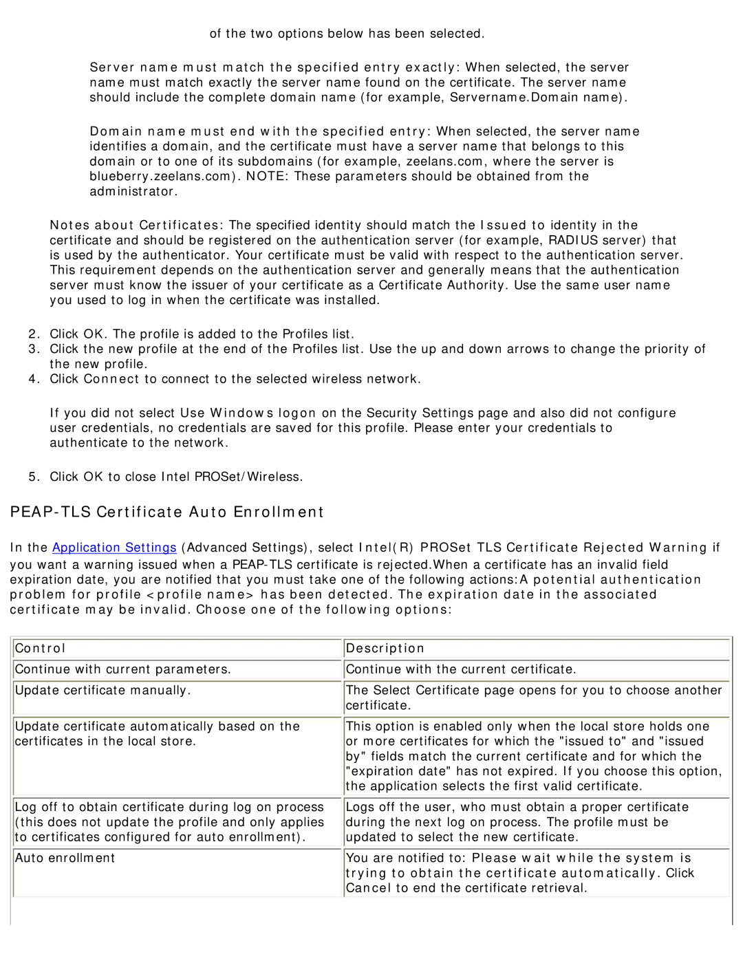 Intel 3945ABG specifications PEAP-TLS Certificate Auto Enrollment, Control 