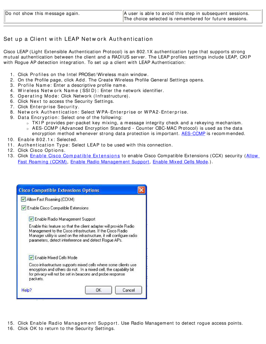 Intel 3945ABG specifications Set up a Client with Leap Network Authentication, Click Cisco Options 