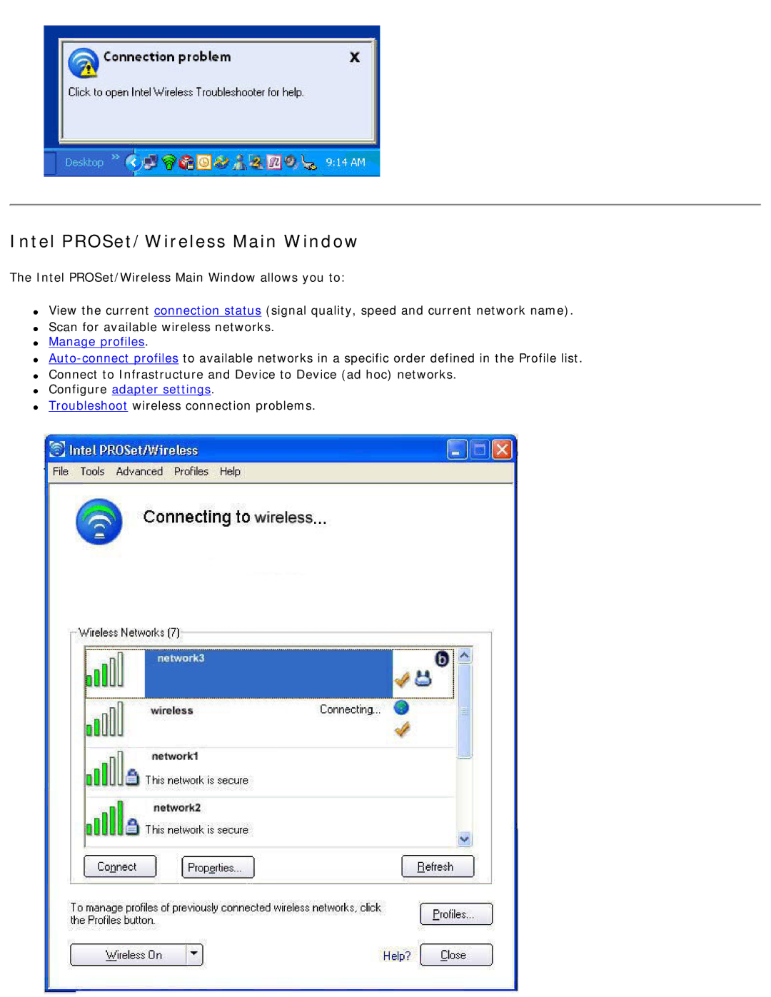 Intel 3945ABG specifications Intel PROSet/Wireless Main Window 