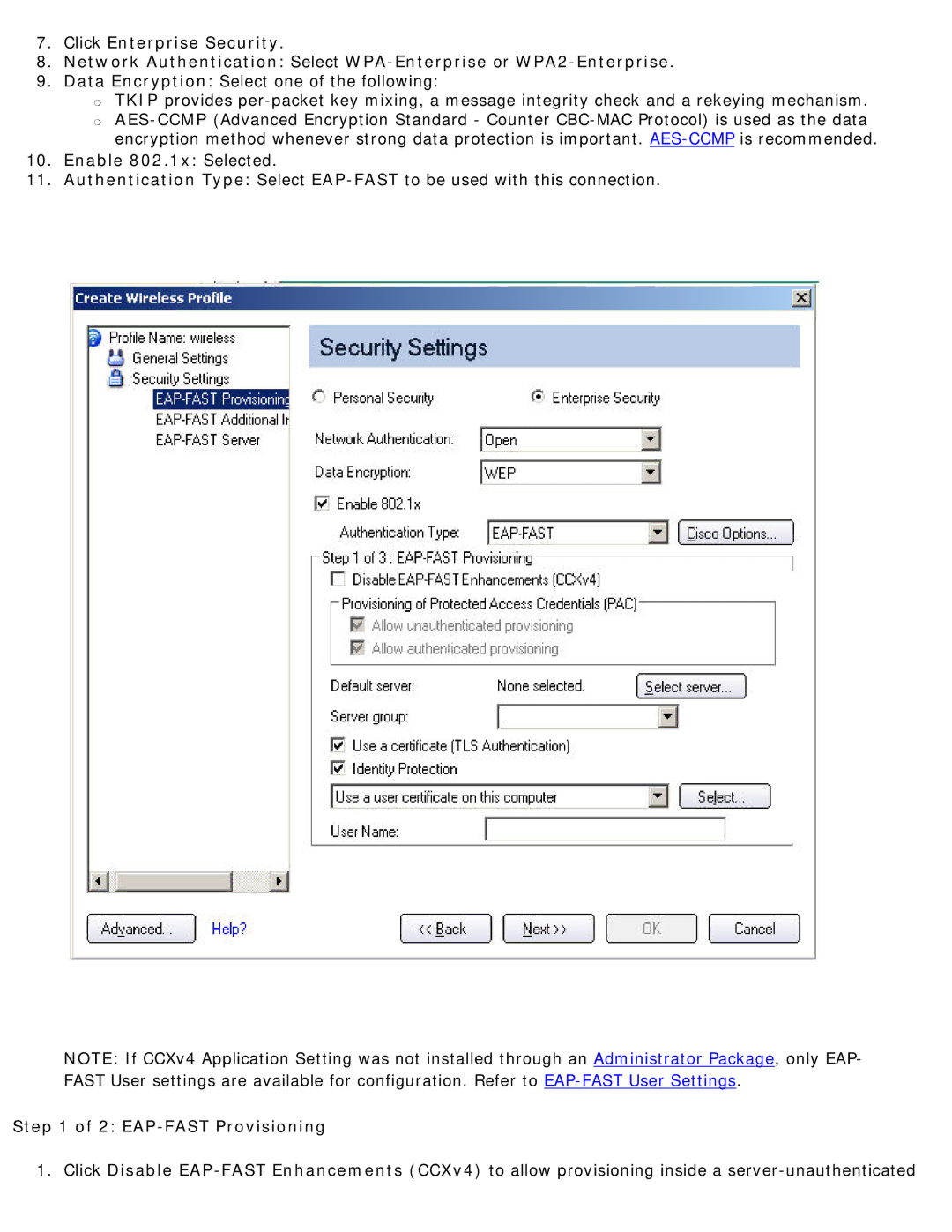 Intel 3945ABG specifications Enable 802.1x Selected, EAP-FAST Provisioning 