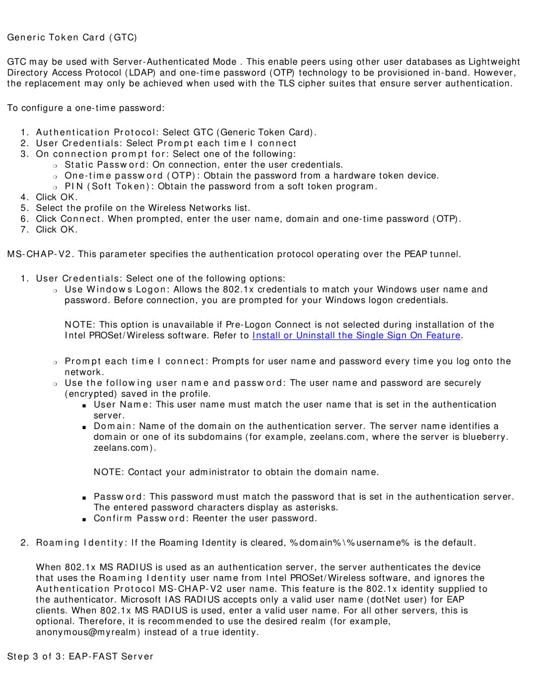 Intel 3945ABG specifications Generic Token Card GTC, EAP-FAST Server 