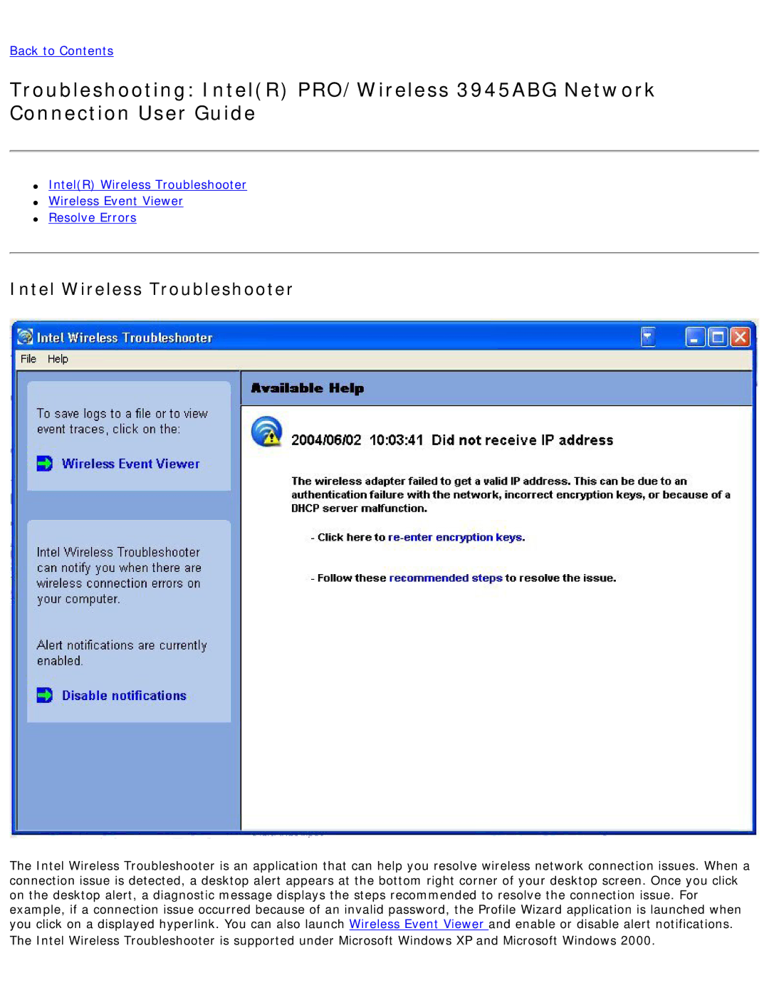 Intel 3945ABG specifications Intel Wireless Troubleshooter 