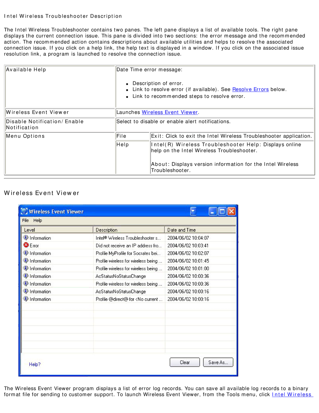 Intel 3945ABG specifications Intel Wireless Troubleshooter Description, Available Help, Wireless Event Viewer 