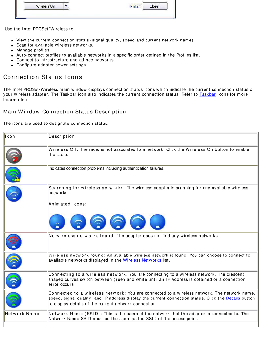 Intel 3945ABG specifications Animated Icons, Network Name 